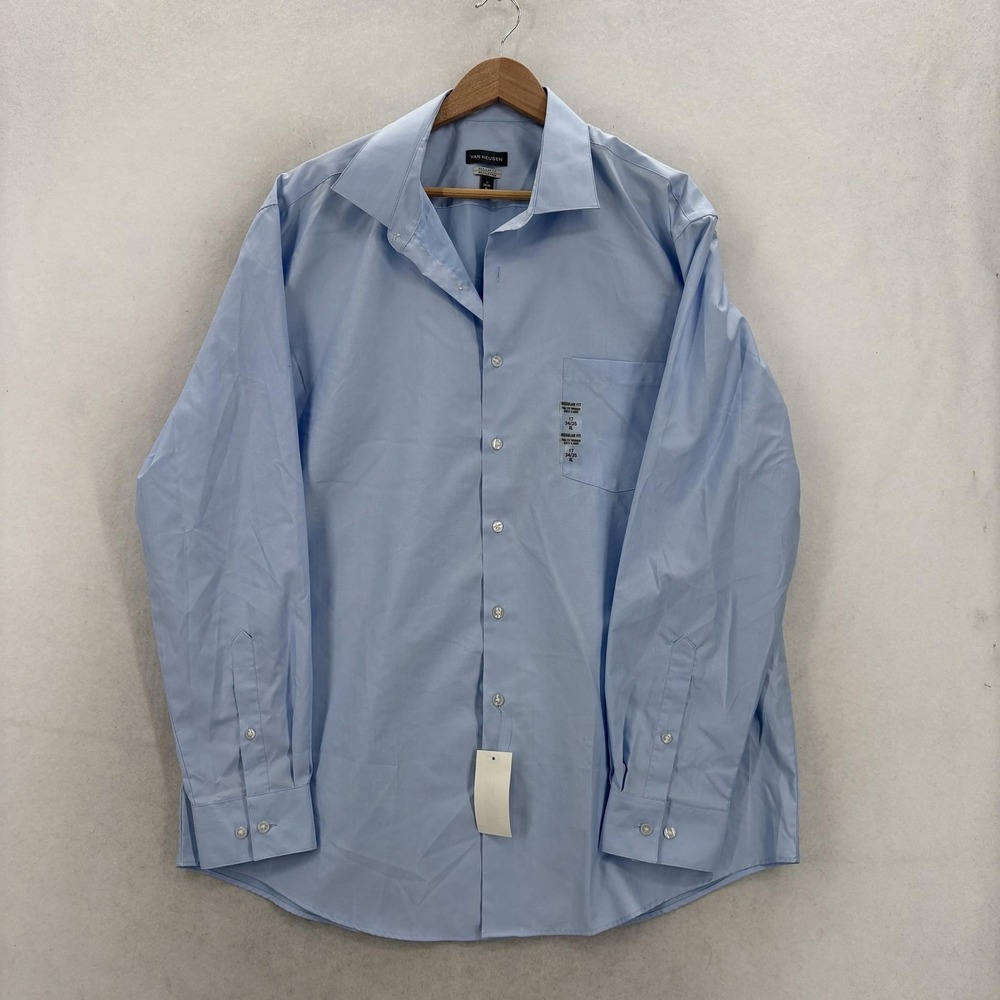 Van Heusen Dress Shirt Mens XL 17 34/35 Blue Herringbone Wrinkle Free Business